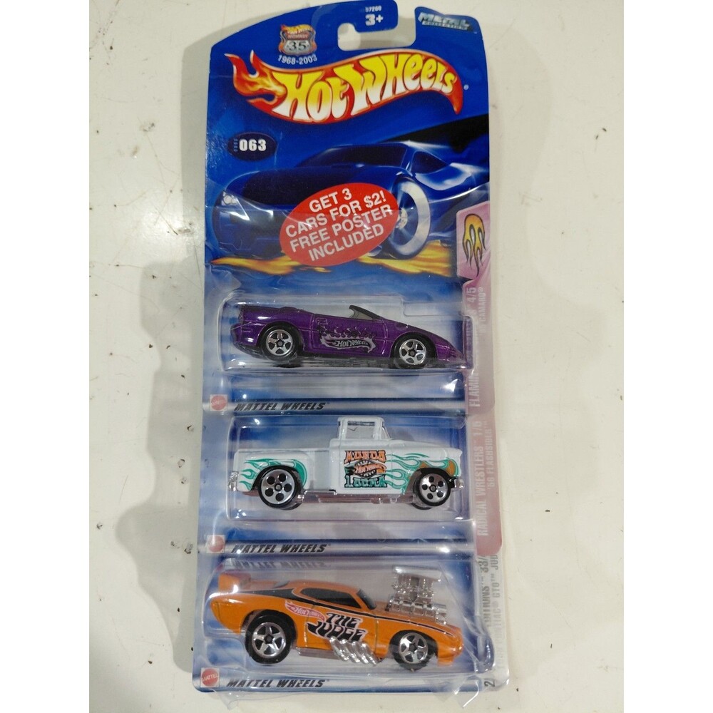NIP Hot Wheels 1:64 Die Cast 3 Pack w/Poster (GTO Judge 95 Camaro 56 Flashsider)